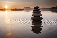 Stack of stones within ripples of water at sunset