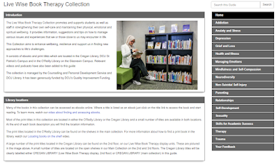 Shows a screenshot of DCU Library's Live Wise Book Therapy Collection online guide