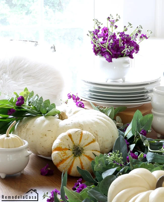 pumpkins and purple flowers