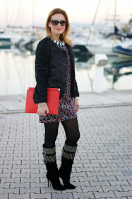 Zara starry print dress, fake fur jacket, Cesare Paciotti studded boots, rockstar look, Fashion and Cookies, fashion blogger