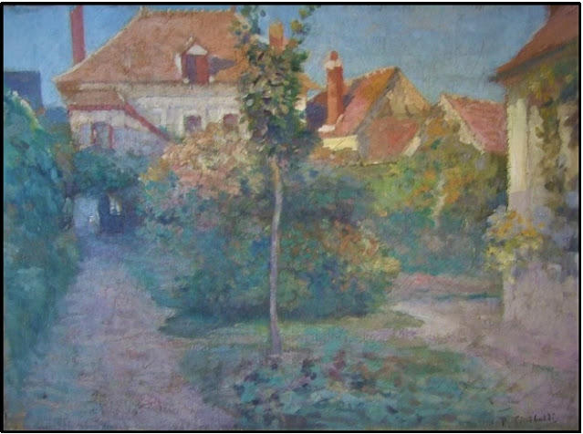 Paul Sinibaldi (1857-1909): Poses, la cour de la maison huile sur toile, signée en bas à droite, 0,50 x 0,61 m.. Collection particulière.