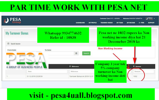 Pesa net ke dwara Company turnover ka 5% 1032 rupees Non working income mila 31 december 2018 ko jo company 3 year tak deti hai Monthly-See Income proof