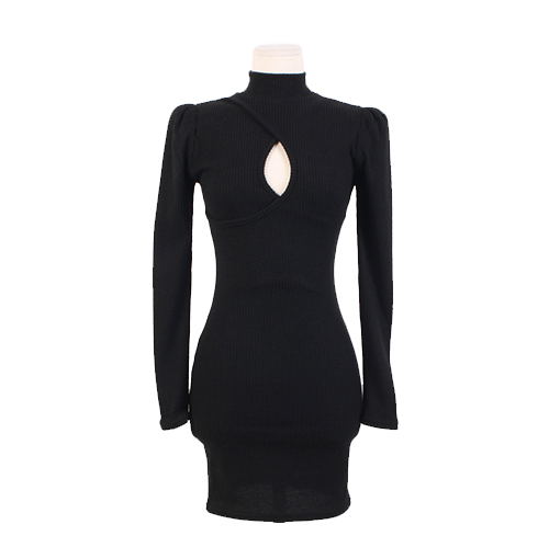 Ribbed Keyhole Knit Turtleneck Dress