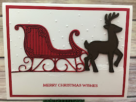 This Christmas card uses Stampin' Up!'s Santa's Sleigh stamp set and Santa's Sleigh Thinlits Dies (bundled together for a discount!).  We just tore a piece of Whisper White cardstock and stamped the greeting and attached over the Softly Falling embossing folder piece at the bottom for the "snow" look.  #stamptherapist #stampinup  www.stampwithjennifer.blogspot.com