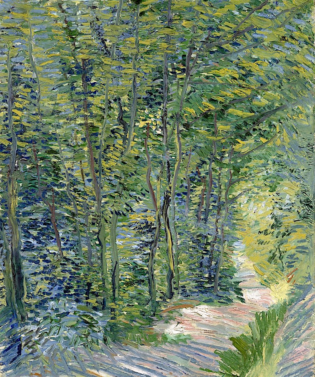 a Van Gogh color painting of a forest path