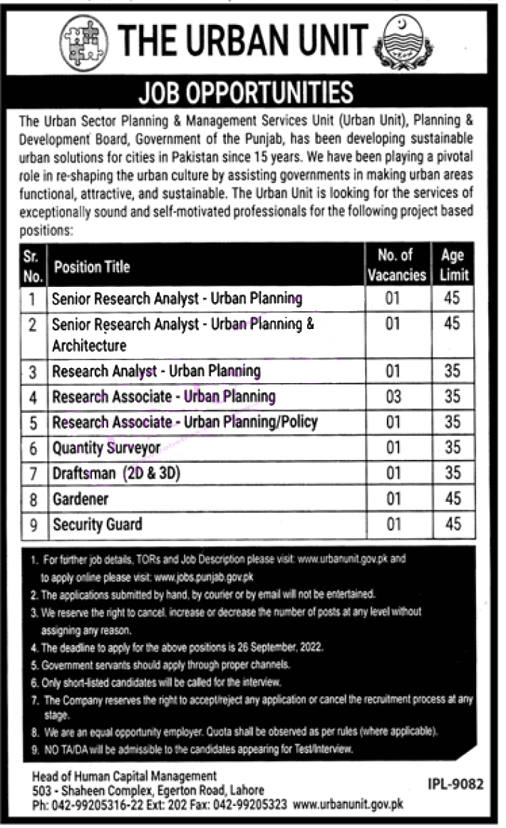 The Urban Unit Lahore jobs 2022 – www.urbanunit.gov.pk