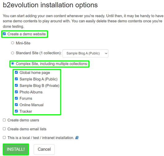 b2evolution installation option create a demo website