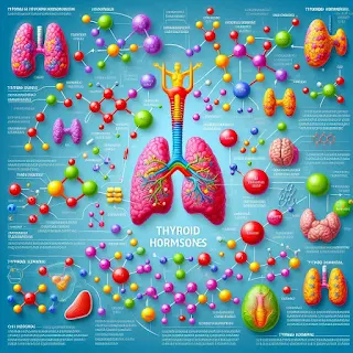 甲状腺ホルモンのイラスト:甲状腺と体の機能をイメージした図が描かれている