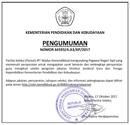 Pendaftaran Seleksi Terbuka dan Resmi Posisi "Dirjen Guru dan Tenaga Kependidikan"  (Dirjen GTK) Kemendikbud Tahun 2017