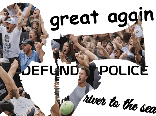 Collage with slogans and demonstrators behind a silhouette of a woman with megaphone