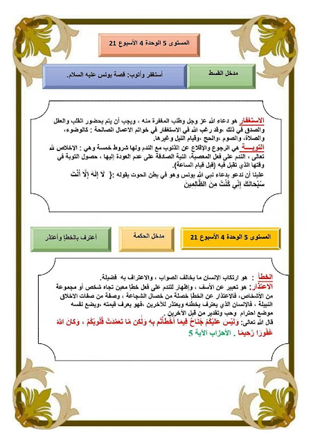 فرض التربية الإسلامية المستوى الخامس المرحلة الثالثة
