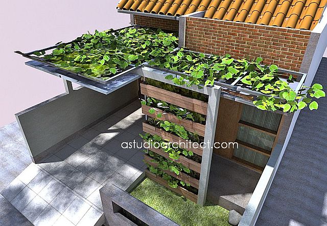 Desain pergola dari besi hollow dengan tanaman rambat 