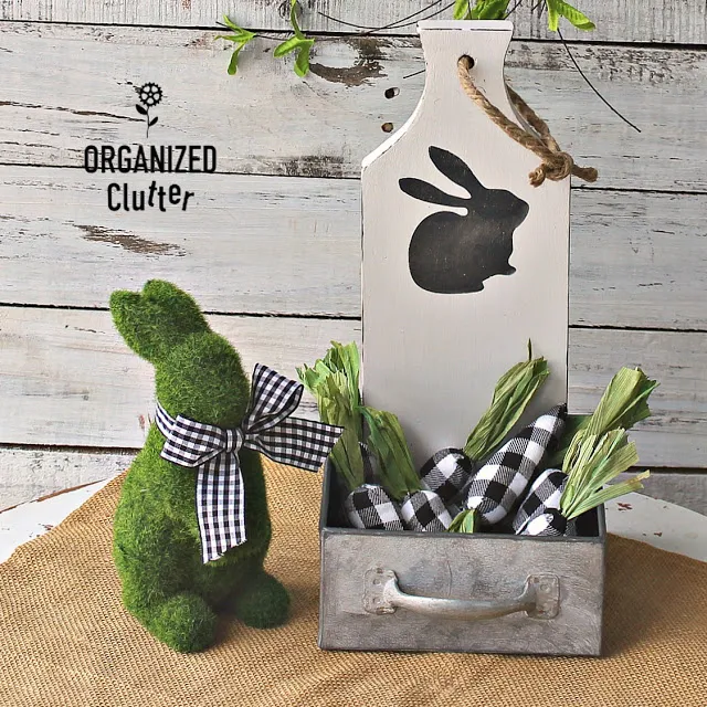 Photo of cutting board spring decor with bunny & metal container