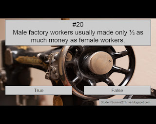 Male factory workers usually made only ⅓ as much money as female workers. Answer choices include: true, false