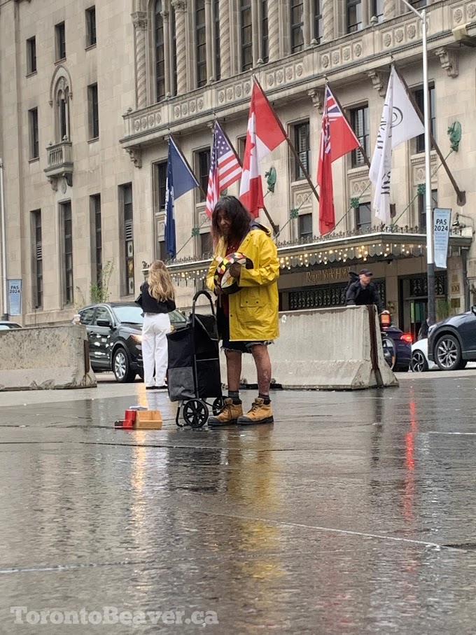 Human Busker Plays The Hand Drums On Front Street