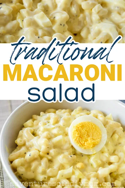 collage of macaroni salad with text overlay