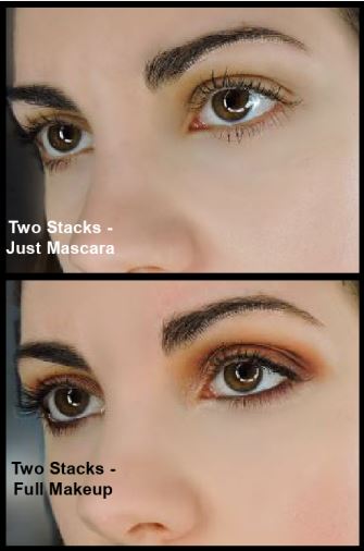 Collage of two pictures: Picture 1: Ultima Beauty's opened eye, text: "Two stacks Just mascara"; Picture 2: Ultima Beauty's opened eye, text reads: Two stacks, full makeup".