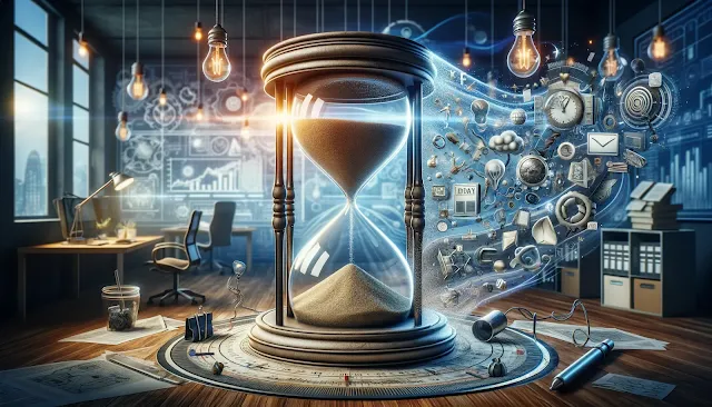 AI Image Representing: A symbolic representation of expiring intellectual property rights, a sand timer with ideas and patents flowing like sand, a modern office setting with technological inventions, conveying the urgency and fleeting nature of intellectual creativity, Photography, high-resolution DSLR with a macro lens