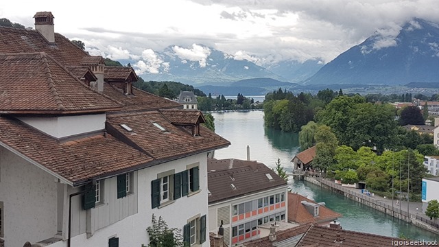 Scenic view of Aare River, Thun and mountains from the terrace of the Stadtkirche. 