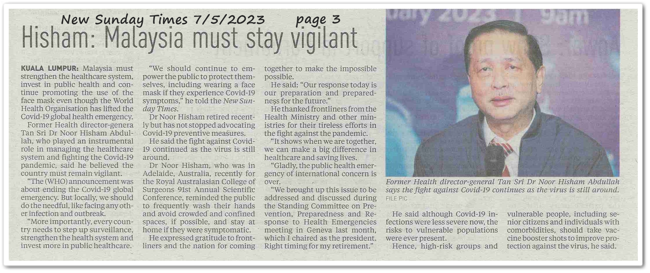 Hisham : Malaysia must stay vigilant - Keratan akhbar New Sunday Times 7 May 2023