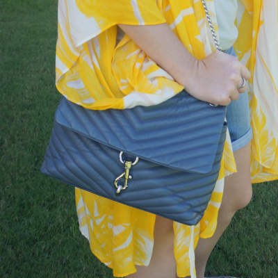 yellow printed kimono with Rebecca Minkoff Edie regular shoulder bag in Luna blue | awayfromblue