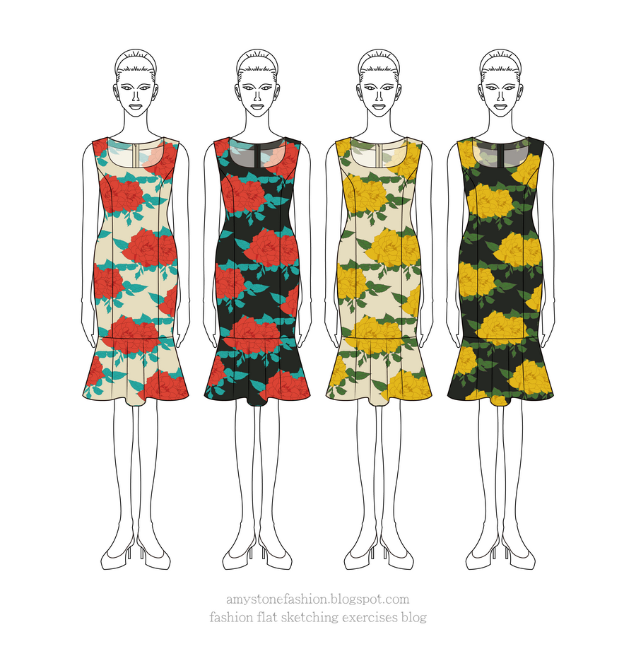 Floral Print Flounce Dresses Drawing