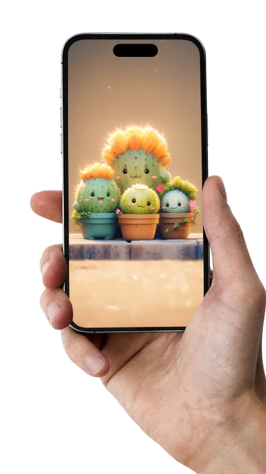 Cute and cheerful animated cactus characters with smiling faces in terracotta pots, surrounded by a magical sparkle, perfect for a fun and quirky mobile phone background.