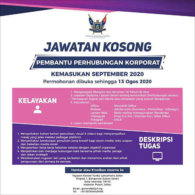 Jawatan Kosong di Tunku Laksamana Johor Cancer Foundation