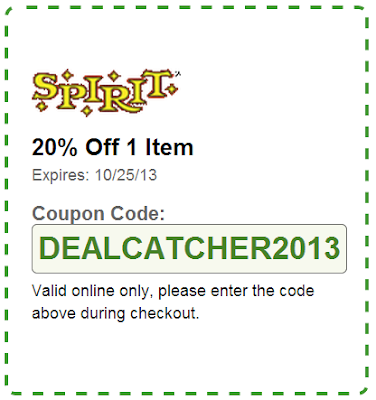 "DEALCATCHER2013" is the code which helps you save 20% for your online shopping at Spirit Halloween.