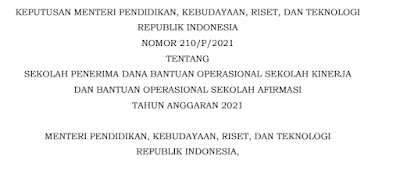 Daftar Sekolah Penerima DanaBantuan Operasional Sekolah Kinerja dan Bantuan Operasional Sekolah AfirmasiTahun Anggaran 2021