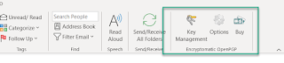 Screen shot showing Encryptomatic OpenPGP buttons in Outlook menu bar.