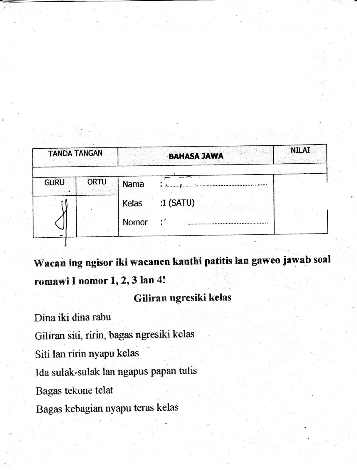 Matapelajaran Bahasa Jawa SD Kelas 1 Semester Ganjil TA 2015 2016 Kurikulum 2013