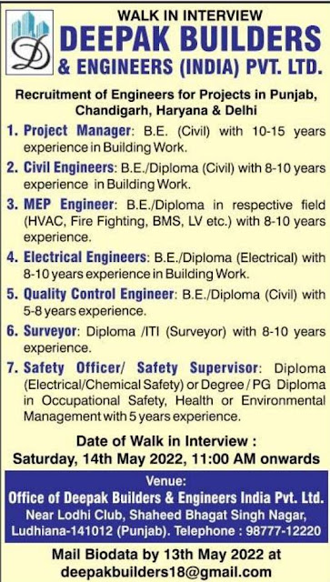 DEEPAK BUILDERS & ENGINEERS (INDIA) PVT. LTD - Walk-In Interview on 14th May 2022 for Project Manager / Civil Engineer / MEP / Electricla / QC / Surveyor / Safety AndhraShakthi - Pharmacy Jobs