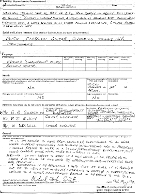 My job application to EMI Electronics in 1976