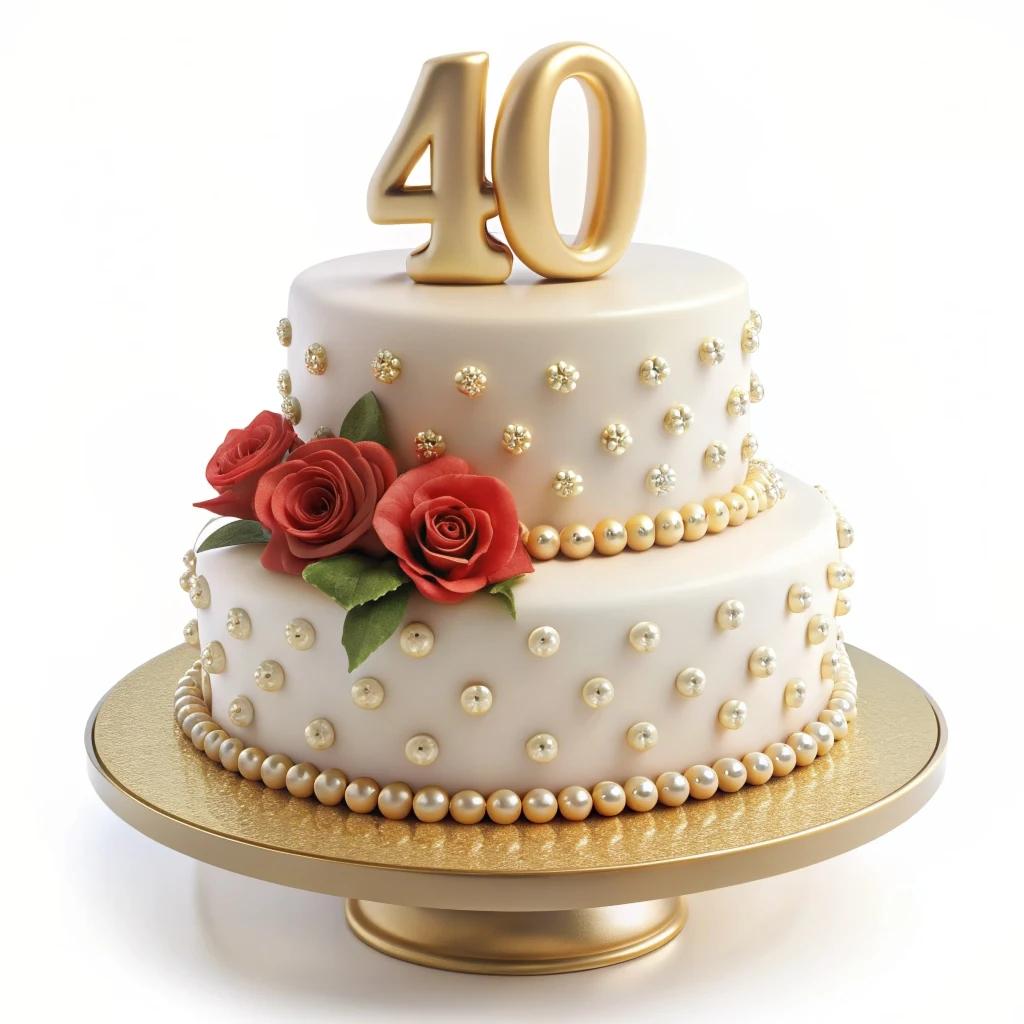  Pastel de aniversario de bodas de 40 años en color blanco decorado con rosas y perlas 