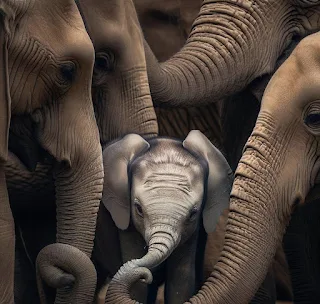Elephant mothers protecting newborn elephant baby