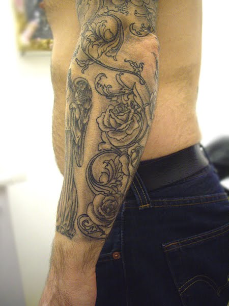 Religious Sleeve Tattoo Angel Cherubs Flowers Shading rose sleeve tattoos