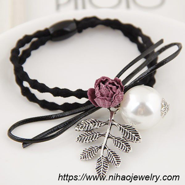 Korean metal pearl flower leaves hair circle rope hair accessories