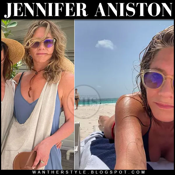 Jennifer Aniston in blue dress and clear frame purple sunglasses ~ I want  her style - What celebrities wore and where to buy it. Celebrity Style