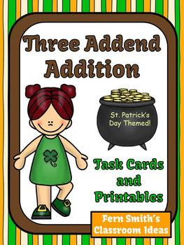 St. Patrick's Day Task Cards Three Addend Addition