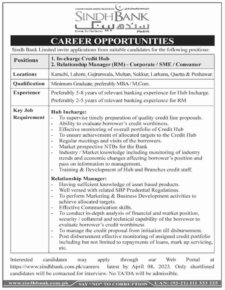 Sindh Bank Limited Jobs 2023