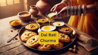 Traditional Rajasthani thali with baati, dal, and churma served on a brass plate, with ghee being poured over the baatis by a woman wearing bangles in a rustic Indian kitchen.