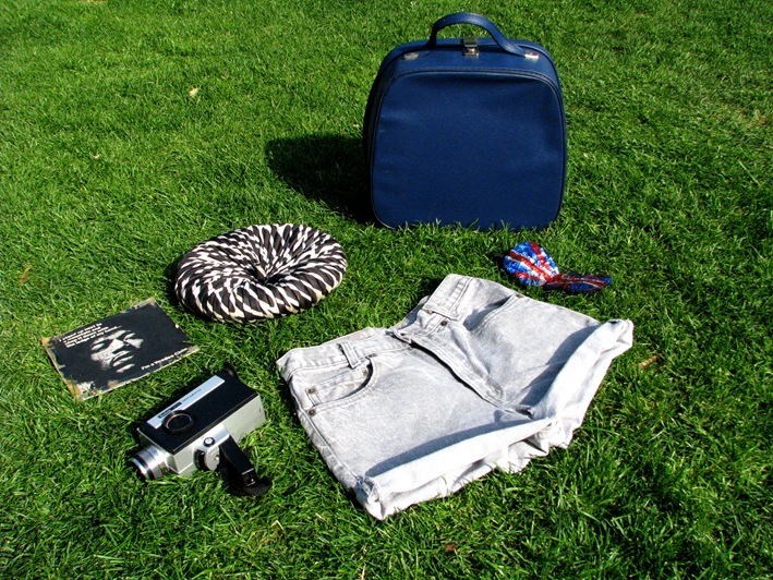 1. Pale grey denim cut offs.                                                                                                                                          2. Union Jack sequin sleep mask.