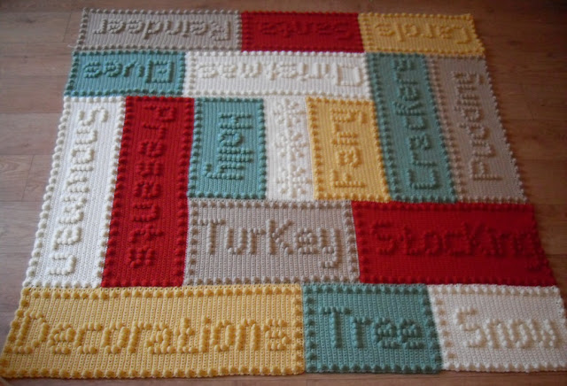 Christmas Lap Blanket Crochet Pattern using Harvest Red 9763 Sage 9705 Sunshine #9755 Off White 9702