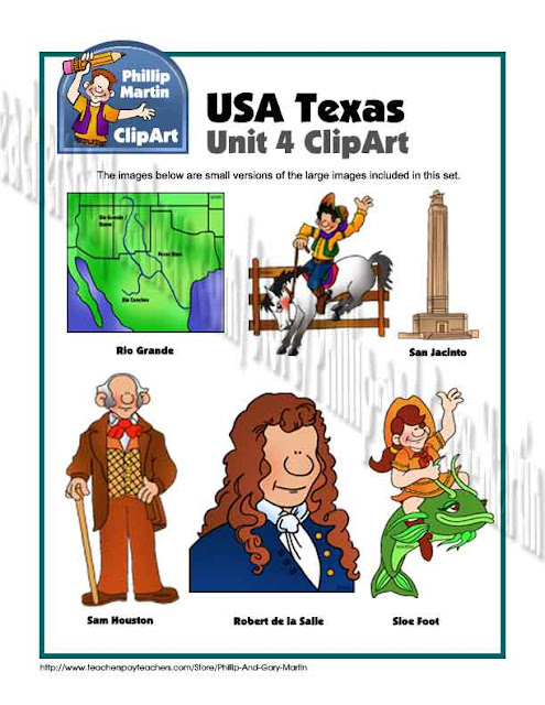 Hi, this is Gary Martin again, with more of my brother Phillip Martin's clip art for you to use in your teaching products which you can also market. This time it is Unit 4 of the Texas collection.  We hope these clip art packages inspires some teachers to create some great units for students of all ages.  You have probably seen Phillip's free art which cannot be used on commercial products. However, on the Teachers Pay Teachers website, you can buy the art and follow the terms to create  and market new lessons.  So many teachers are writing and marketing curriculums now, and we hope to help make your products more visually appealing by providing the art work. 