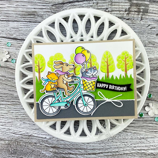Newton's Nook Designs & Therm O Web Inspiration Week | Bicycle Birthday Card by Jennifer Jackson | Cycling Friends Stamp Set, Land Borders Die Set and Tree Line Stencil by Newton's Nook Design with Deco foil and Flock Sheets by Therm O Web #newtonsnook #handmade
