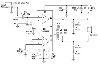 HA-13118 bassed 18W audio amplifier circuit and explanation