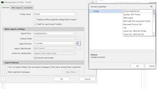 MessageExport, printer selection screen is shown.