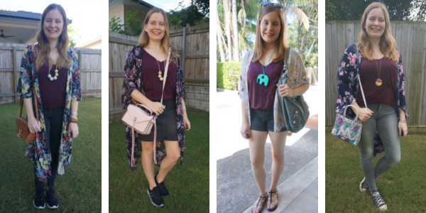 4 floral outfit ideas with deep purple wine tee awayfromblue