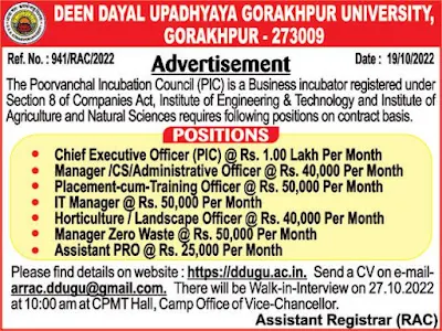 DDU Gorakhpur University Recruitment 2022, CEO, Manager, IT Manager